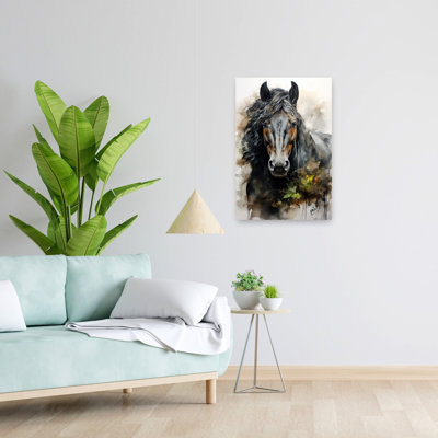 Art mural majestueux, cheval noir contemporain, paysage majestueux
