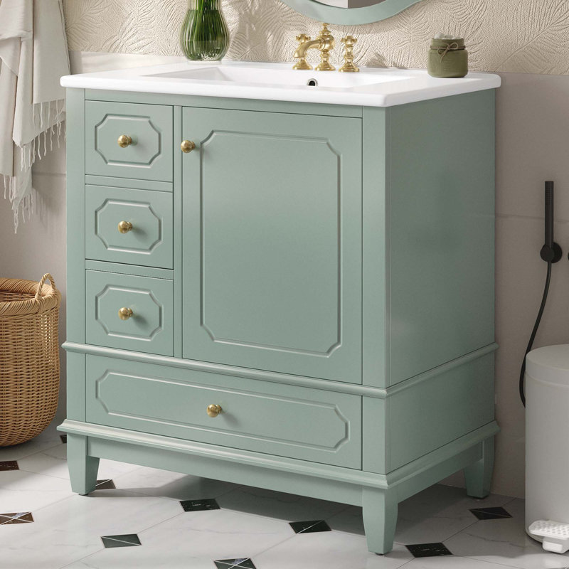 Meuble-lavabo 30 po avec lavabo, meuble-lavabo autoportant blanc avec cuve en céramique, structure en bois massif, porte à fermeture en douceur, 3 tiroirs, panneau de fibres à densité moyenne peint et bois d'hévéa