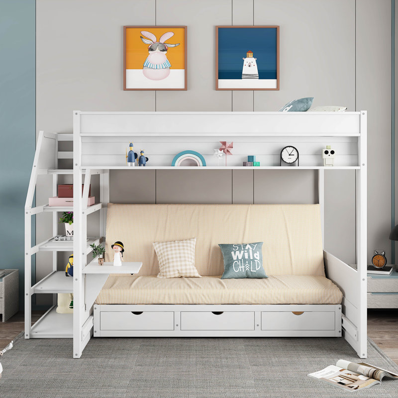 Hastyar Kids Full Over Full Convertible Bunk Bed with Drawers, White