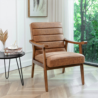 Mid-Century Modern Accent Chair, Solid Wood Frame Leather Look Microfiber Armchair with Open-Framed Arm Design, Plush Padded Seat and Back Cushion for Living Room Bedroom