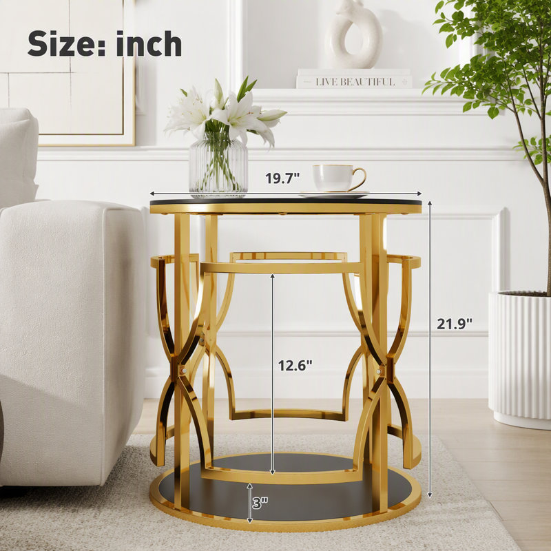 Table d'appoint ronde noire avec plateau en verre trempé, Rond noir