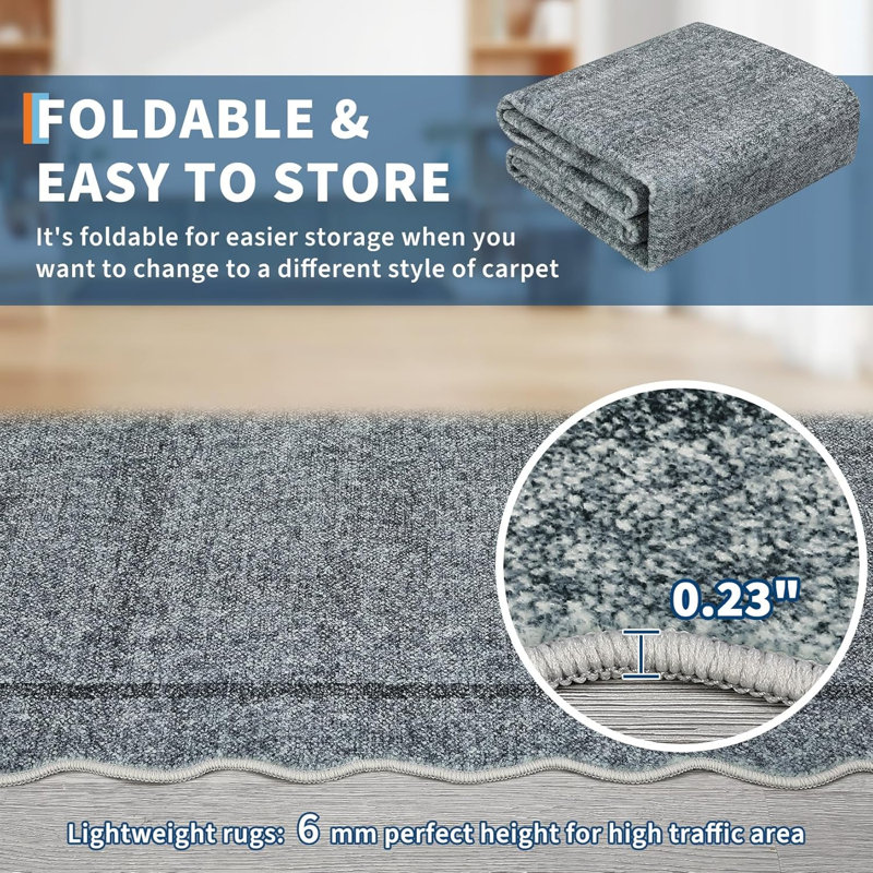 6x9 Washable Living Room Rug, Soft Scalloped Design, Non-Slip, Low Pile Neutral Carpet for Bedroom, Office, Foldable, Taupe