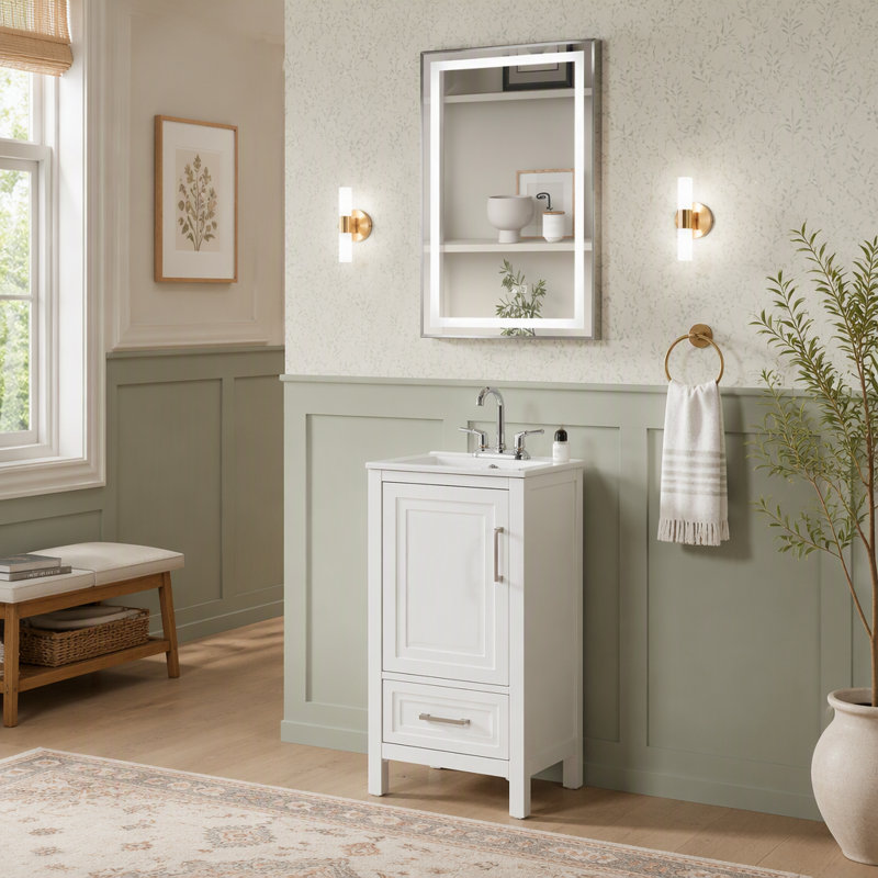 Meuble de salle de bain autoportant, 45,7 cm (18 pouces), blanc avec dessus en céramique, entièrement assemblé