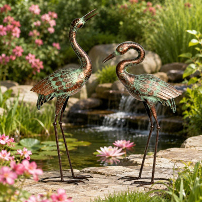 Set of 2 Metal Heron Garden Statues with Vintage Gray Finish