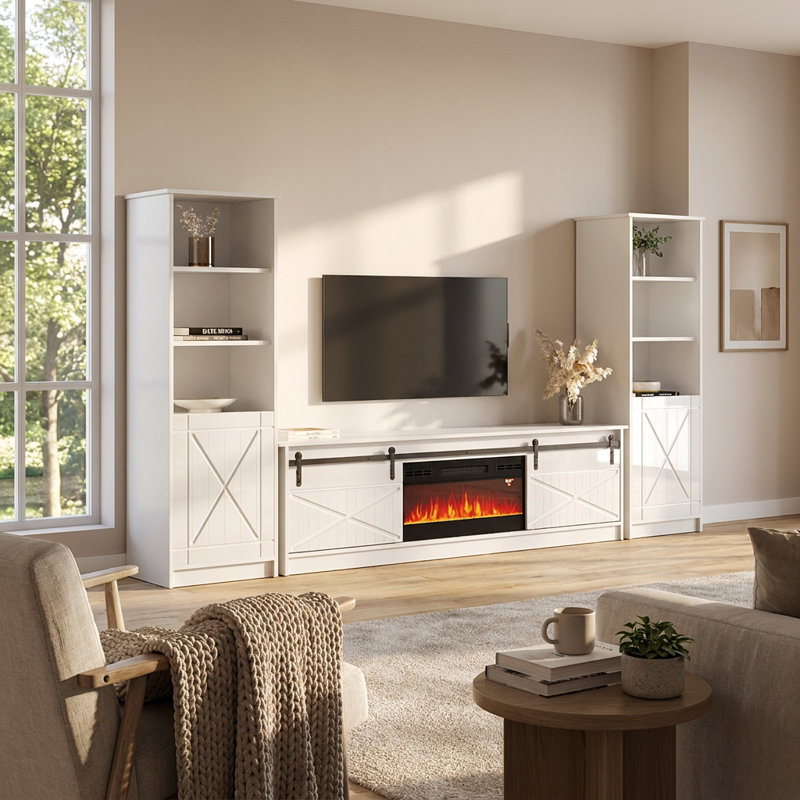 Meuble audio-vidéo moderne avec foyer électrique 120,5 po Fiorenze, Blanc / noir