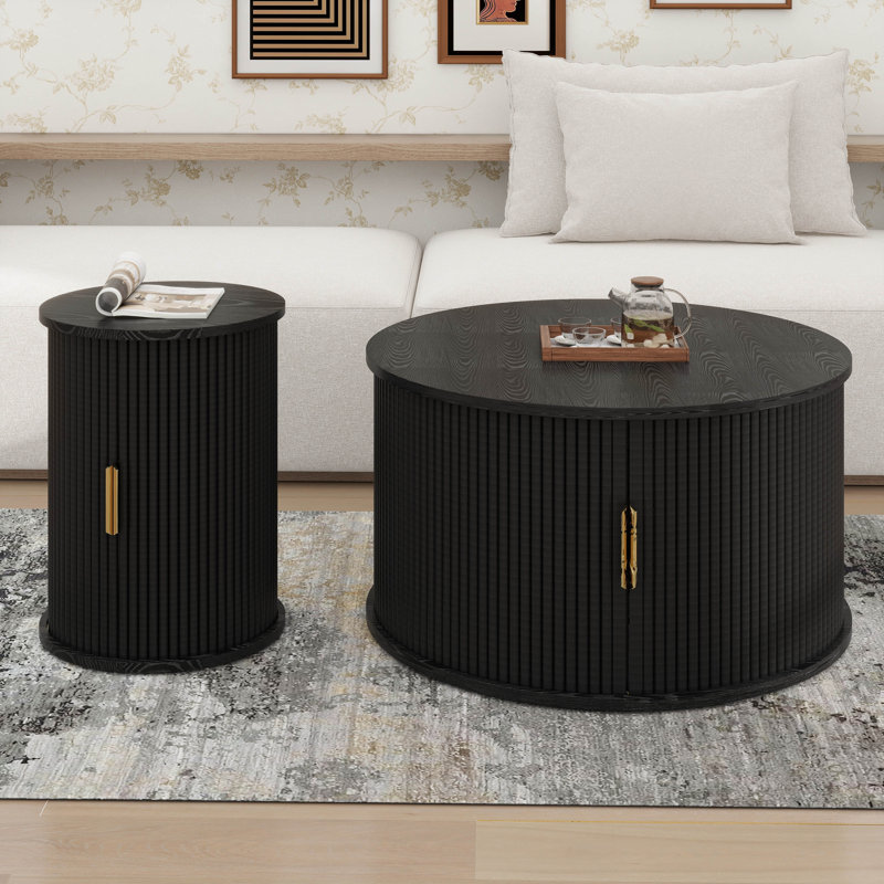 Ensemble de 2 tables basses rondes avec porte tambour ronde Mid-Century, Noir