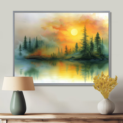 Green Yellow Sunrise Fog In The Forest I - Forest Wall Art