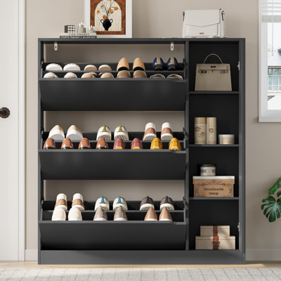 Armoire à chaussures style campagne 43,3 po avec 3 tiroirs rabattables et armoire latérale, rangement pour chaussures autoportant avec tablette réglable pour le vestibule