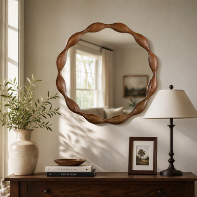 Miroir mural rond en bois massif avec cadre ondulé irrégulier pour une décoration rustique et une réflexion claire