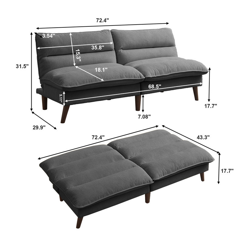 72.4" Cordury Soft Armless Futon Sofa Bed, Dark Gray Corduroy