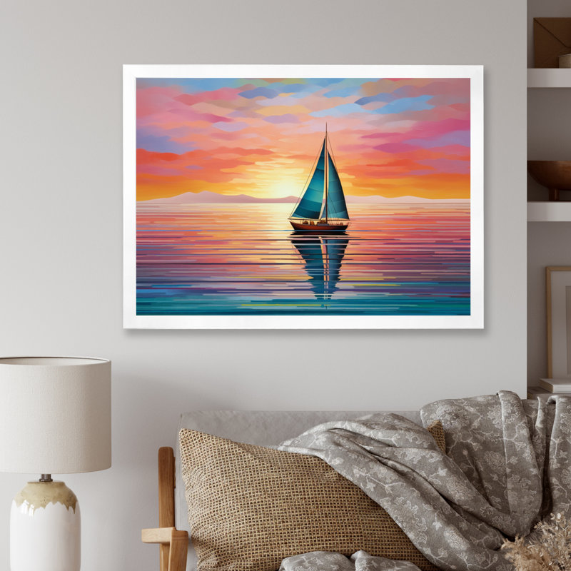 Voilier abstrait Horizon I, Cadre simple blanc, H 24 po x l 32 po x P 1 po