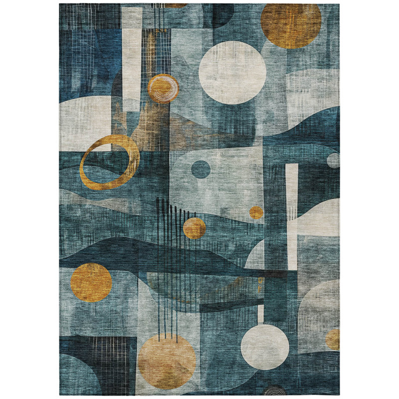 Teal and Gold Geometric Washable Synthetic Area Rug