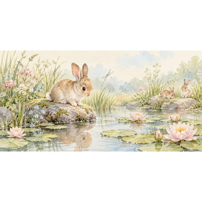 Quiet Garden Pond Wallpaper Mural, Peel and Stick Kids Room Wall Mural, Watercolor Bunny Garden Nursery Wallpaper