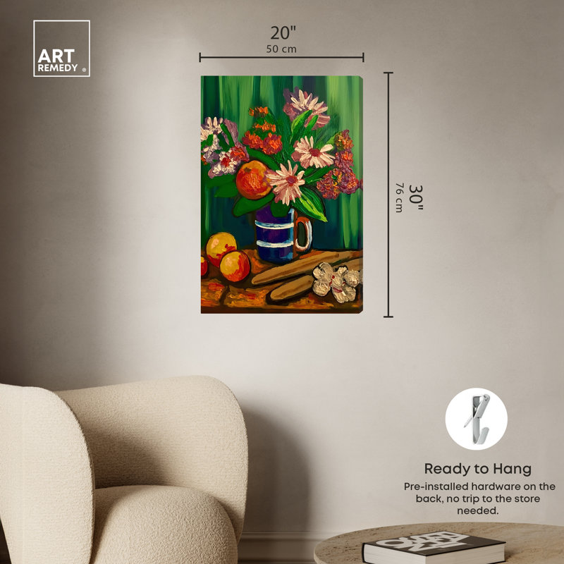 Vase floral et fruits, Toile tendue, H 30 po x l 20 po
