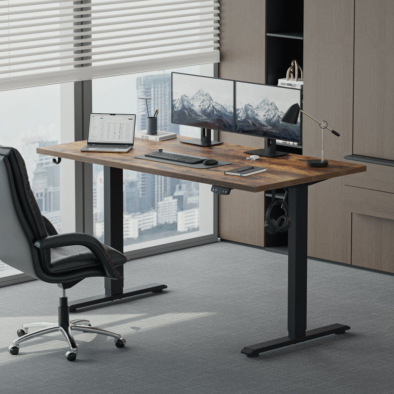55 inch Electric Height Adjustable Standing Desk with Memory Preset, Ergonomic Sit-Stand Home Office Desk,Computer Desk with Hooks,Rustic Brown