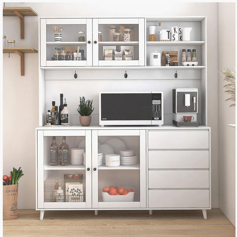 Grande armoire huche de cuisine l 63 po, armoire de rangement autoportante avec 4 portes, 4 tiroirs et tablette à micro-ondes