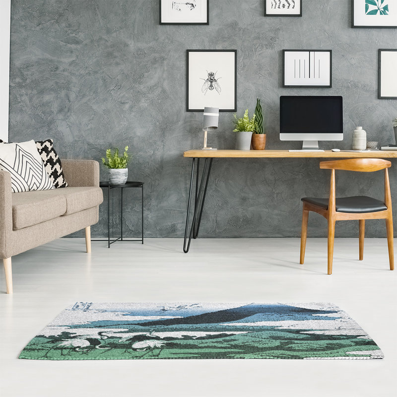Tapis bleu/vert à chenille japonaise, Rectangle 3 pi x 5 pi