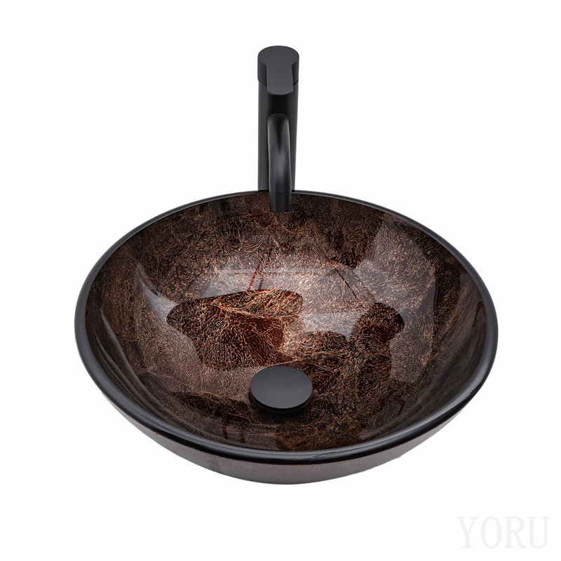 Vasque de salle de bain artistique en verre trempé avec robinet noir et bonde clic-clac, vasque ovale texturée marron, meuble-lavabo en verre trempé
