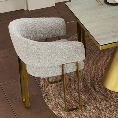 Dining Chair With Arms, Luxury White Boucle Barrel Dining Room Chair Brushed Gold U-Shaped Legs For Kitchen, Bedroom, Makeup Room