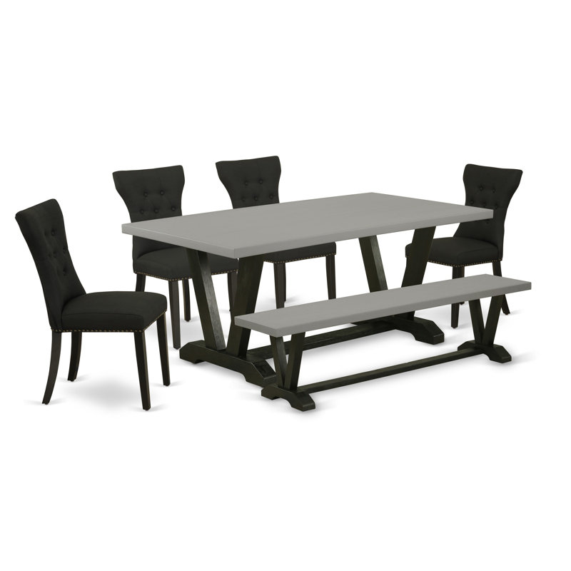 6 Piece Modern Dining Table Set Contains a Rectangle Wooden Table with V-Legs and 4 Black Linen Fabric Parson Chairs with a Bench, Wire Brushed Black