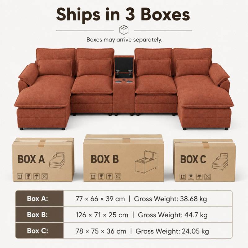 Canapé modulaire en U de 133,9 po de largeur à 4 places avec méridienne double, console de rangement, porte-gobelets et charge USB