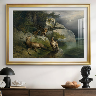 «Landscape: A Dead Stag with Two Eagles» par Fred Gauermann, reproduction encadrée avec passe-partout et verre 1832
