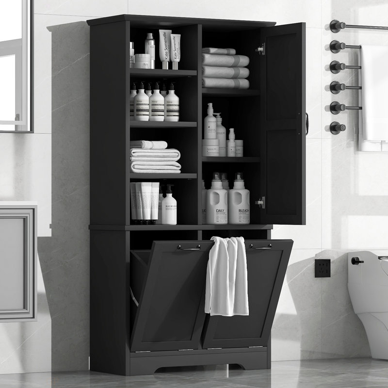 Armoire de rangement pour salle de bain avec portes et tiroirs, panier à linge inclinable, plusieurs espaces de rangement, style autoportant, tablette ouverte, tablette réglable, noir