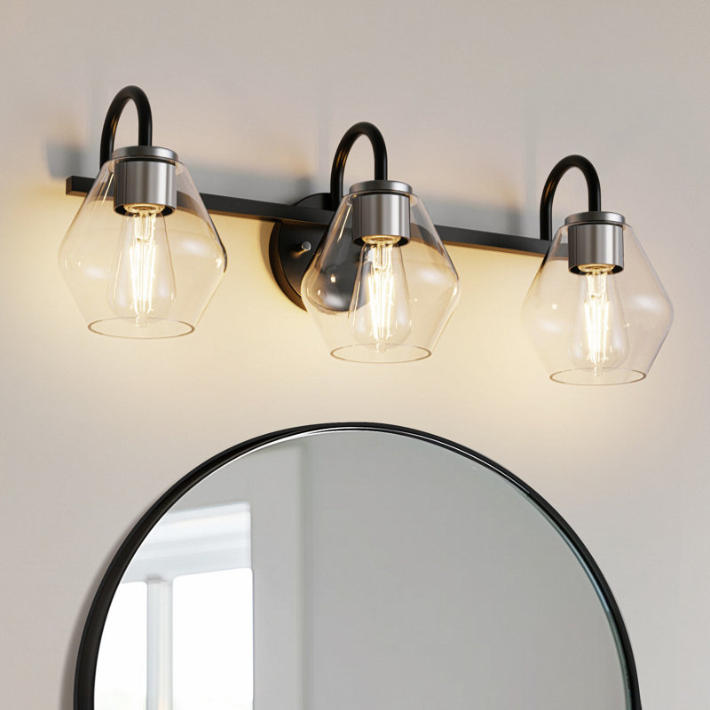 Ensemble de meuble-lavabo noir élégant 3 lumières avec abat-jour en verre transparent Alcide