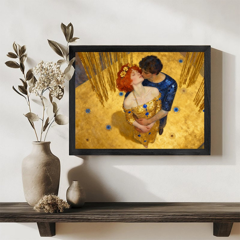 Reproduction d'art encadrée noire, "Le baiser de l'amour et de la vie", style Klimt, H 13 po x l 17 po