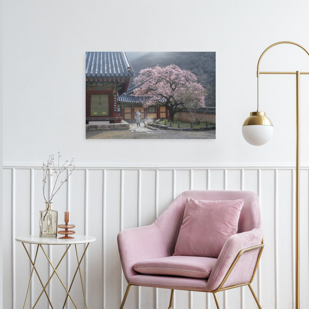 Serene Temple Blossoms Peaceful Serene Traditional Cherry Architecture Spring Wall Art Print