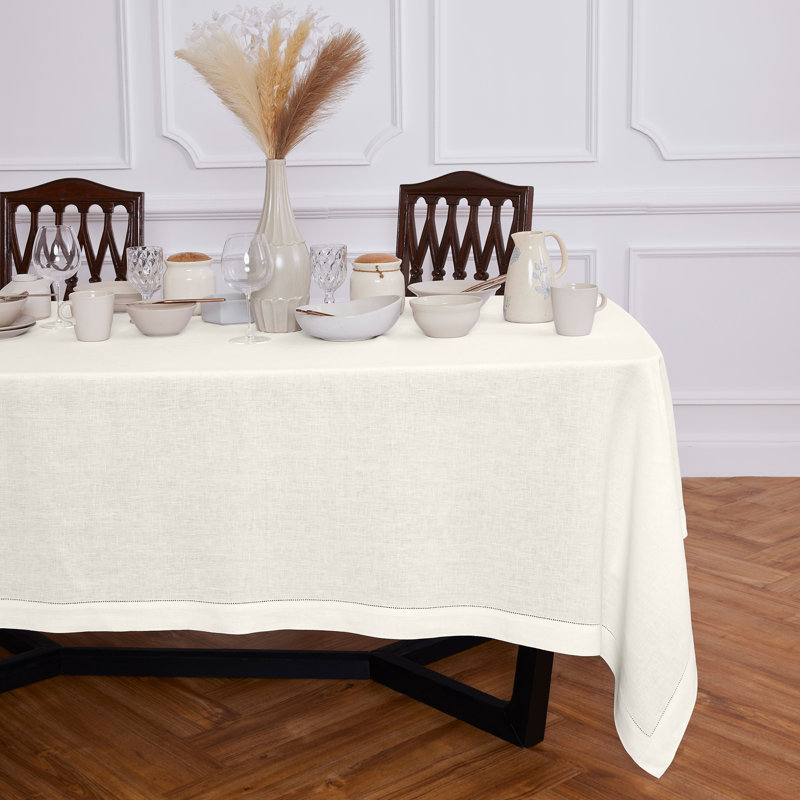 Sonoma Hemstitch - 100% Pure Linen Tablecloth (Prewashed), Ivory, 132" x 70"
