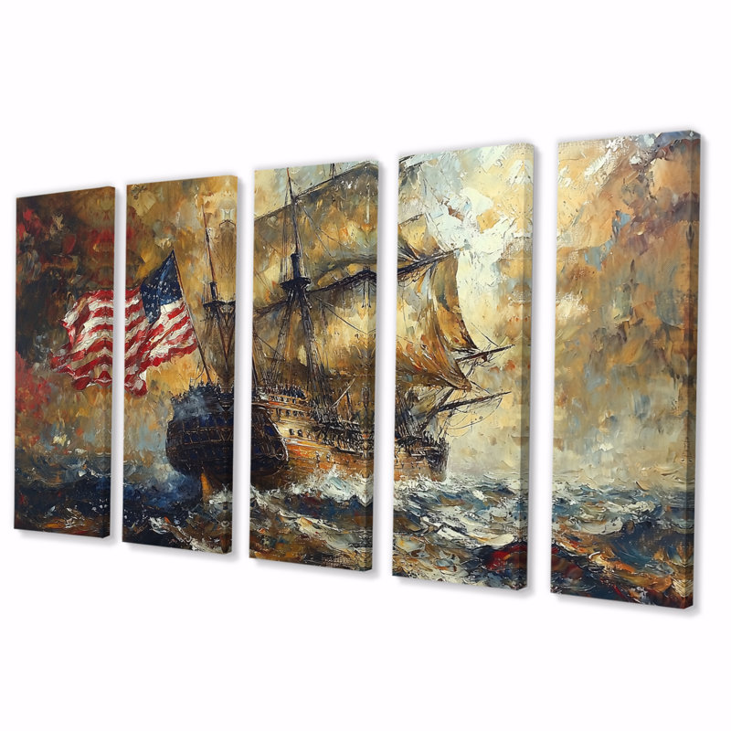 Boston Tea Party Boart Sailing I - art mural de bateau à voile - décoration murale moderne 5 pièces, H 28 po x l 60 po