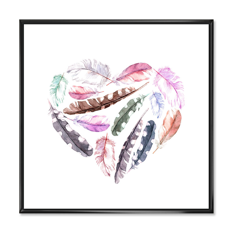 «Retro Heart with Pink Bird Feathers», impression sur toile, H 30 po x l 30 po x P 1 po, Cadre noir
