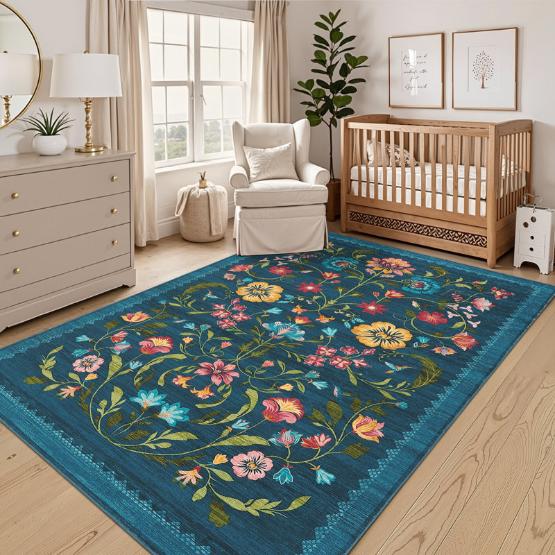 Floral Machine Washable Rug Non-Slip Farmhouse Floor Cover, Stain-Resistant Low Pile Indoor Carpet Mat for Living Room