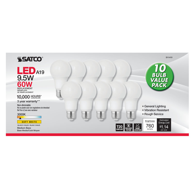 9.5 Watt White LED Bulb, 3000K, 10