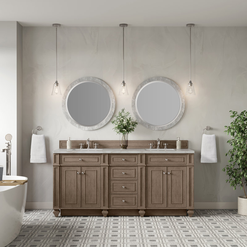 Meuble-lavabo double l 72 po Bristol, Noyer blanchi, Argent victorien, 8 po