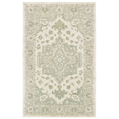 Alosio Vintage Medallion Handmade Natural Wool Area Rug, Sea Green