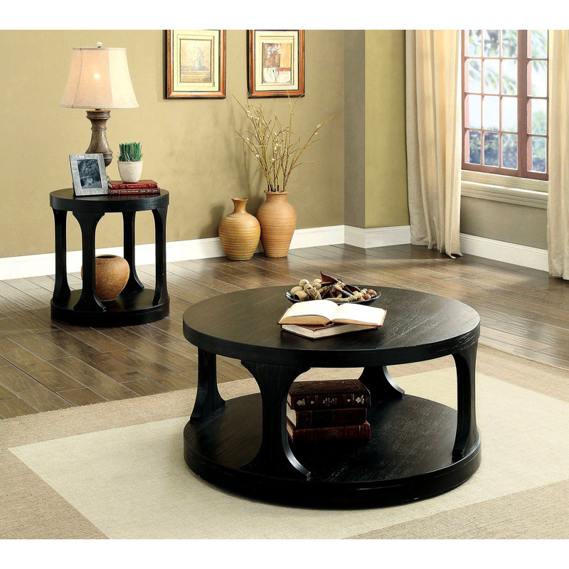 Table de bout ronde de style transitionnel avec finition noire antique, bois massif et rangement supplémentaire, pieds en forme de I, H 23 1/2 po de style, tablette ouverte