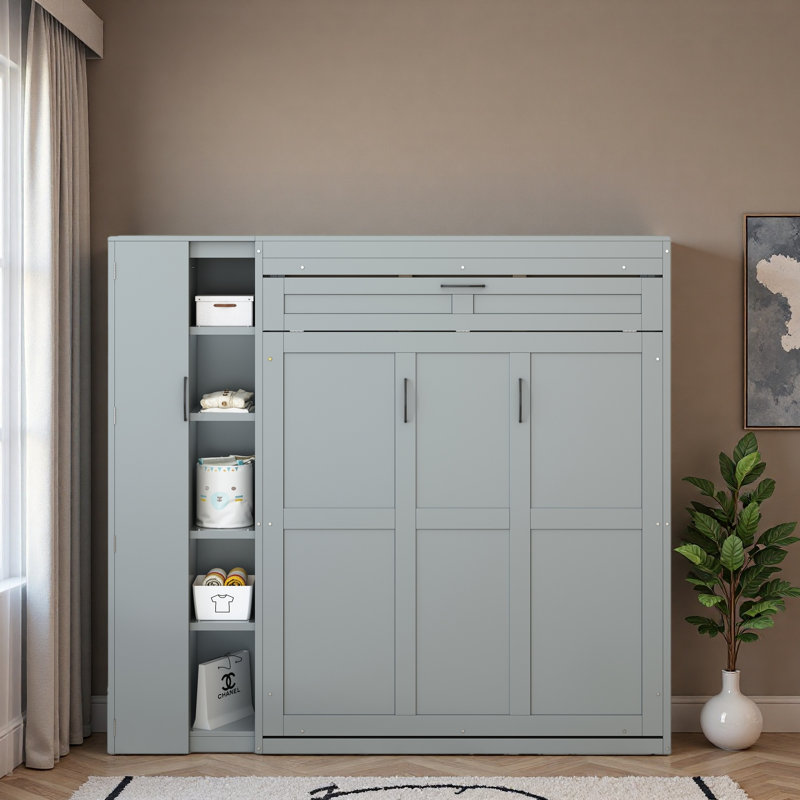 Lit escamotable mural Murphy avec tablettes, garde-robe et lumières DEL, Gris, Lit double