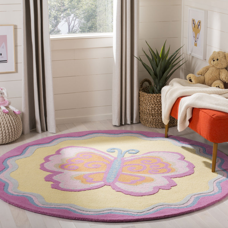 Tapis rose / jaune en laine touffeté à la main Bassirou, Rond 6 pi