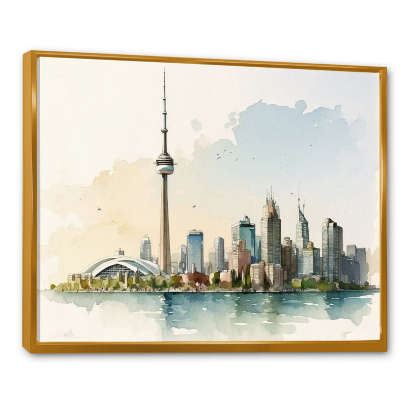 Toronto Skyline II - reproduction sur toile, L 40 po x H 30 po, Toile avec cadre flottant or