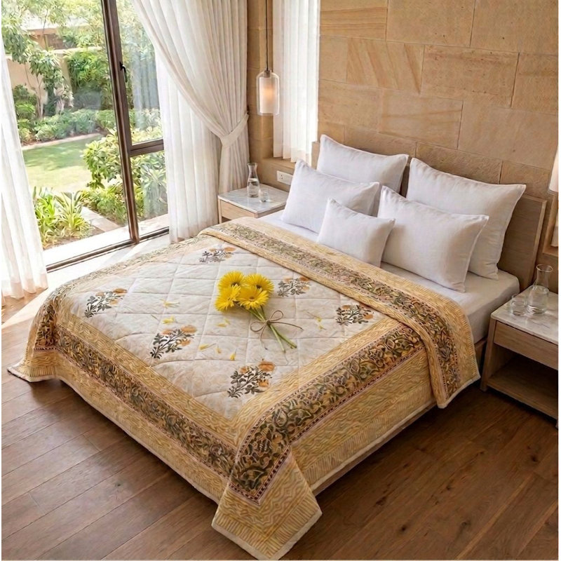Édredon réversible 100% mousseline de coton | Impression à la main hypoallergénique de Jaipur, Grand lit, Jaune