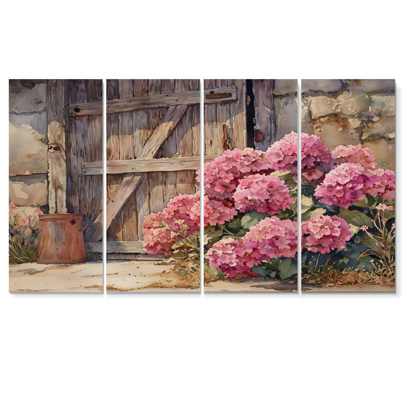 Hydrangées par la porte de l'écurie II - art mural hortensia - décoration murale traditionnelle, 4, H 28 po x l 48 po