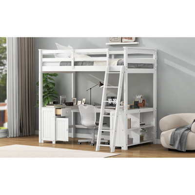 Lit mezzanine double blanc avec bureau en forme de U et compartiments de rangement adéquats - Bureau en bois pour la chambre à coucher, tablettes multiples