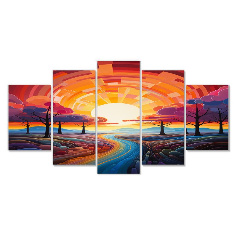 5 pièces d'art mural géométrique coucher de soleil géométrique forêt pour le salon, H 32 po x l 60 po