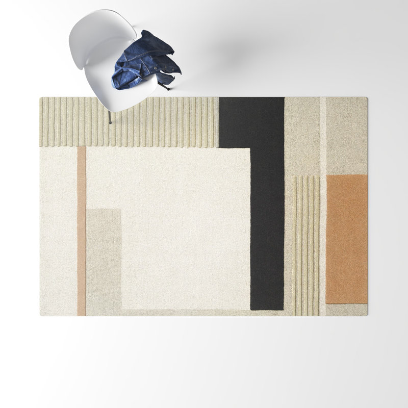 Mora Geometric Handmade Tufted Wool Cream/Khaki Area Rug, Rectangle 5' x 7'6"