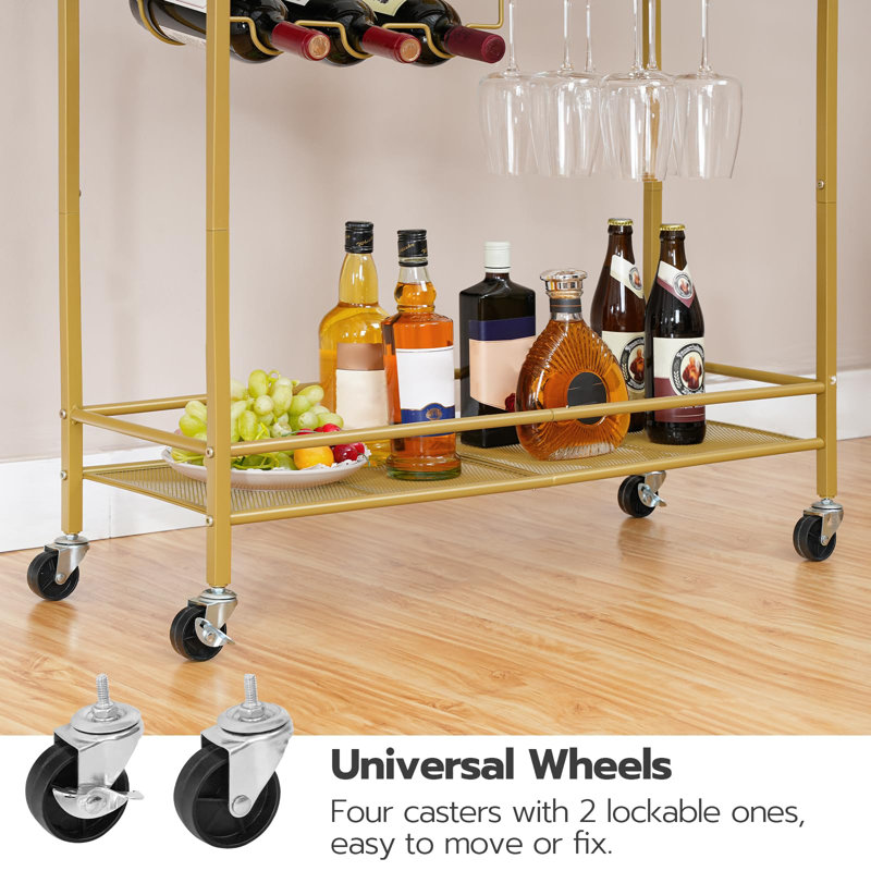 Gold Metal 2-Tier Bar Cart with Wine Rack and Glass Holder