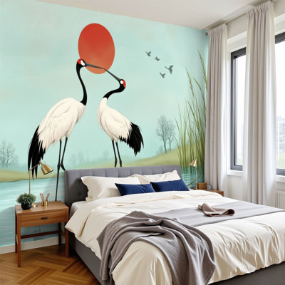 Papier peint adhésif chinois à motif de deux grues, étang tranquille, soleil rouge, oiseaux, ciel
