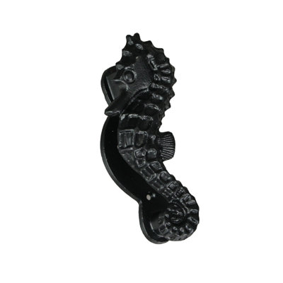 Coastal Seahorse Black Enamel Cast Iron Door Knocker with Antique Look — 6" H X 2.5" W X 2" D