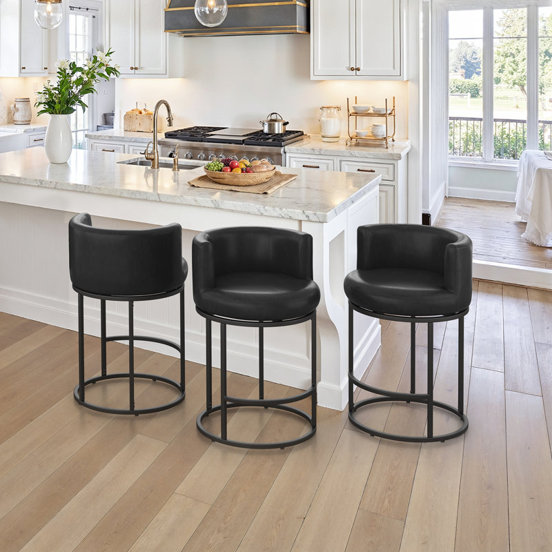 26" Swivel Bar Stools With Arms and Footrest, Upholstered Cushion Seat, Black